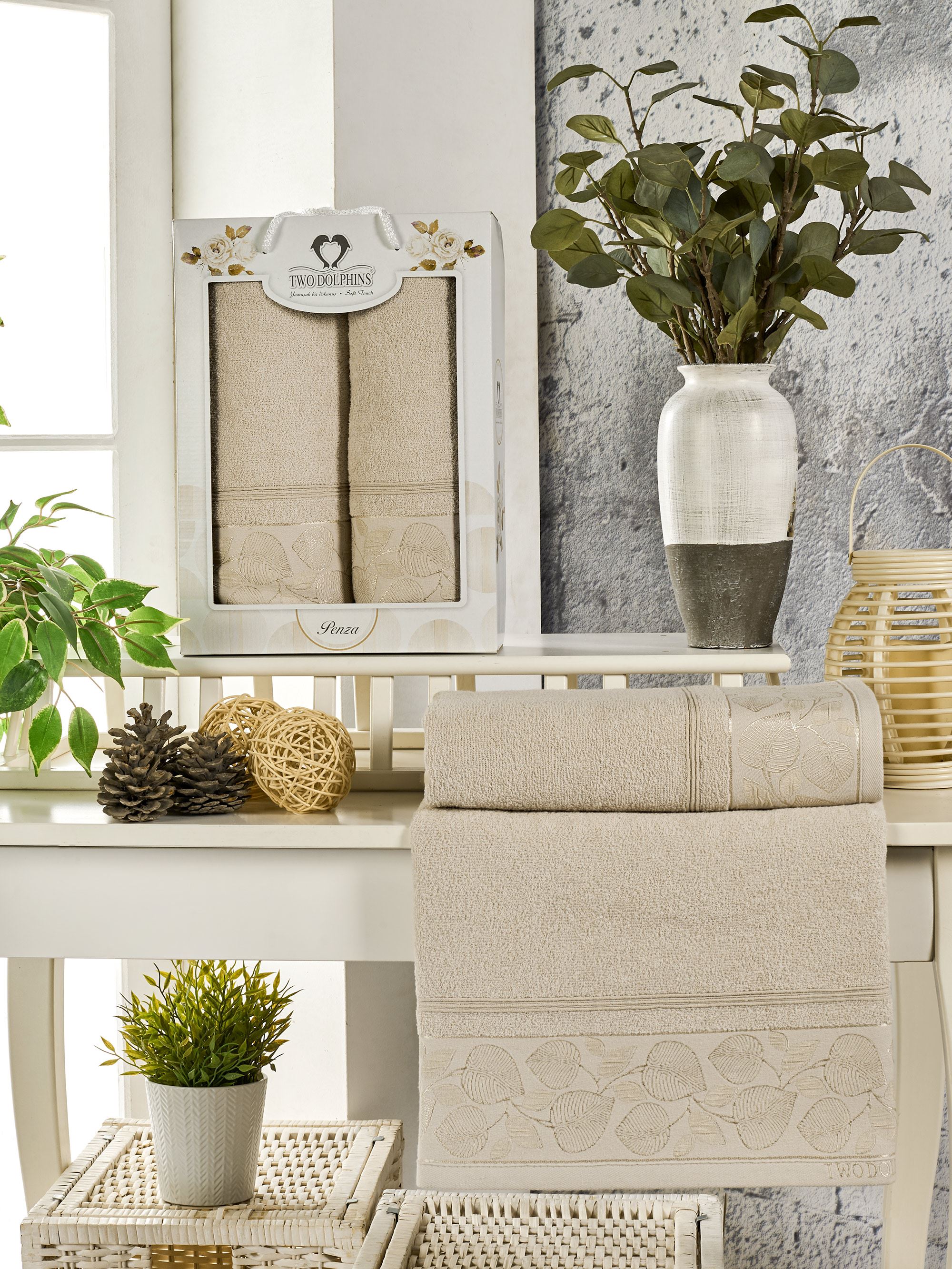 Набор полотенец махровых Penza 380гр Two Dolphins <2 предмета 50*90+70*140, бежевый> (арт.11800)